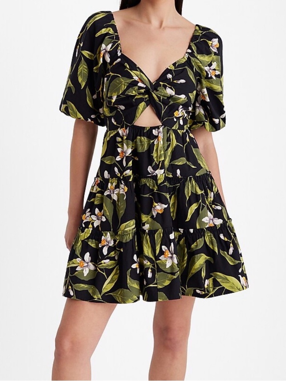 EXPRESS Floral V-Neck Puff Sleeve Cutout Tiered Mini Dress
